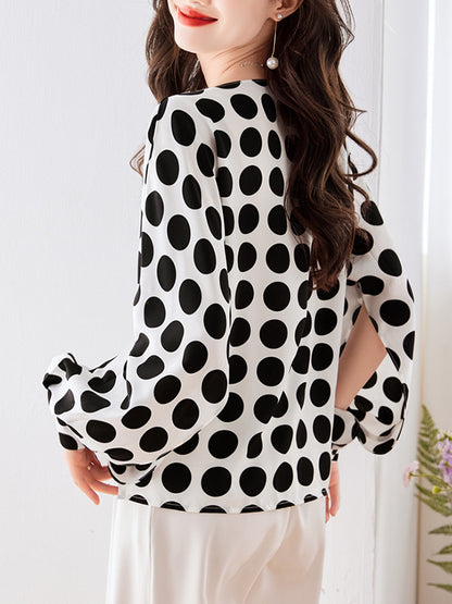 xakxx Long Sleeves Loose Polka-Dot Round-Neck Blouses&Shirts Tops