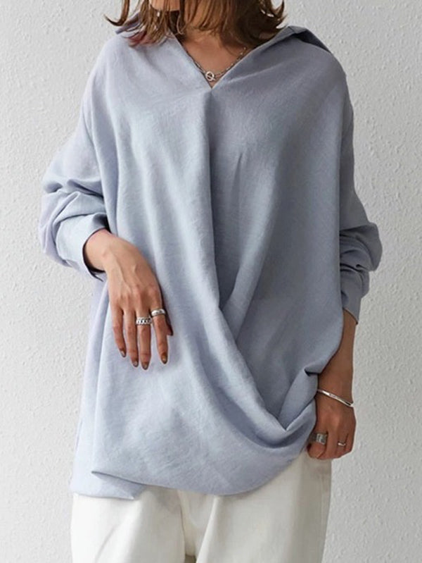 xakxx Loose Ramie Cotton Asymmetric Solid Color Blouse Top