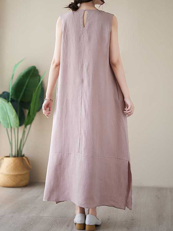 xakxx A-Line Loose Solid Color Round-Neck Midi Dresses