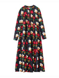 xakxx A-Line Long Sleeves Buttoned Flower Print Split-Joint Round-Neck Midi Dresses