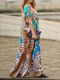 xakxx Batwing Sleeves Loose Leopard Split-Side Tiger Skin Pattern V-Neck Beach Cover-Up Maxi Dresses