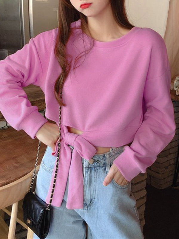 xakxx High Waisted Long Sleeves Asymmetric Bowknot Hollow Solid Color Round-Neck Sweatshirt Tops