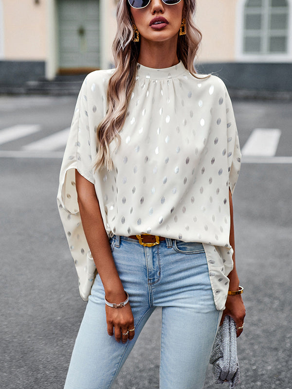 xakxx Loose Bandage Polka Dot Round-Neck Blouses&Shirts Tops