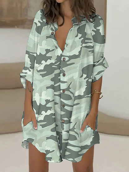 xakxx Long Sleeves Loose Buttoned Camouflage Lapel Mini Dresses Shirt Dress