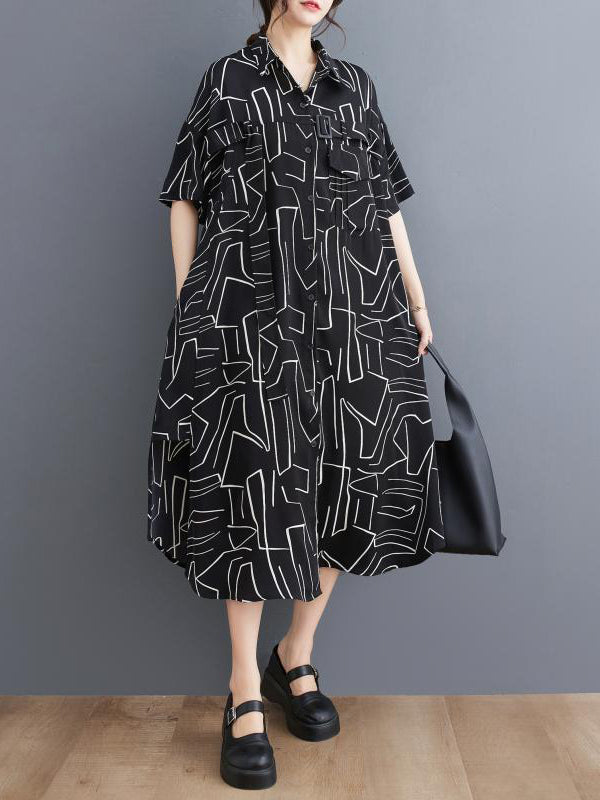 xakxx Loose Abstract Printed Lapel Midi Dresses