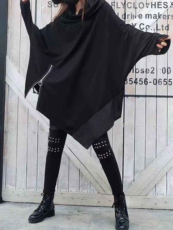 xakxx Batwing Sleeves Loose Asymmetric Split-Joint Zipper Heaps Collar Sweatershirt