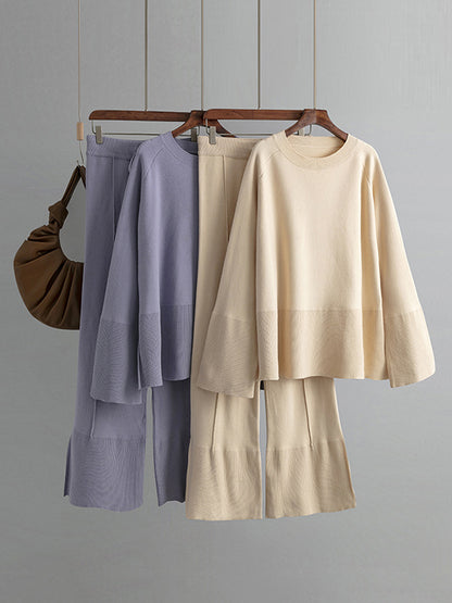 xakxx Casual Long Sleeves Loose Solid Color Round-Neck Sweater Tops & Wide Leg Pants Two Pieces Set