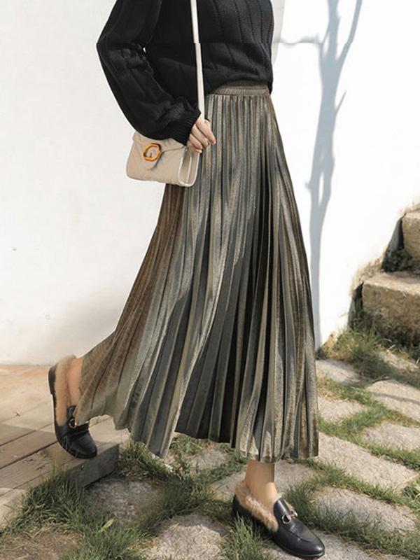 xakxx Solid Color High-Waist Pleated A-Line Skirt