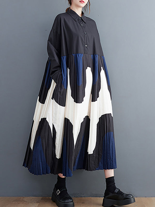 xakxx A-Line Long Sleeves Contrast Color Pleated Printing Split-Joint Polo Midi Dresses