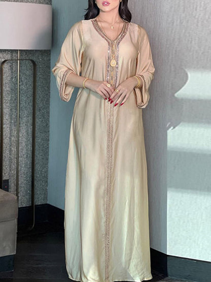 xakxx Long Sleeves Loose Muslim Rhine Stones V-Neck Maxi Dresses Robes