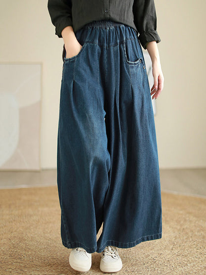 xakxx Loose Wide Pants Elasticity Pleated Flared Trousers Jean Pants Bottoms