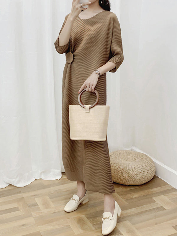 xakxx Half Sleeves Irregular Clipping Pleated Solid Color Round-Neck Midi Dresses