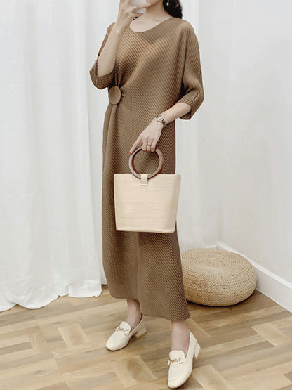 xakxx Half Sleeves Irregular Clipping Pleated Solid Color Round-Neck Midi Dresses