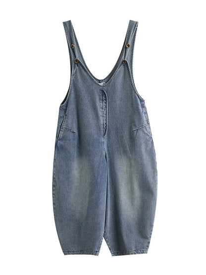 xakxx Cropped Loose Denim Buttoned Overalls