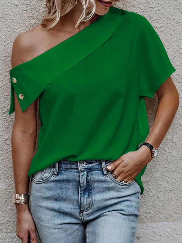 xakxx Loose Short Sleeves Solid Color Off-The-Shoulder T-Shirts Tops