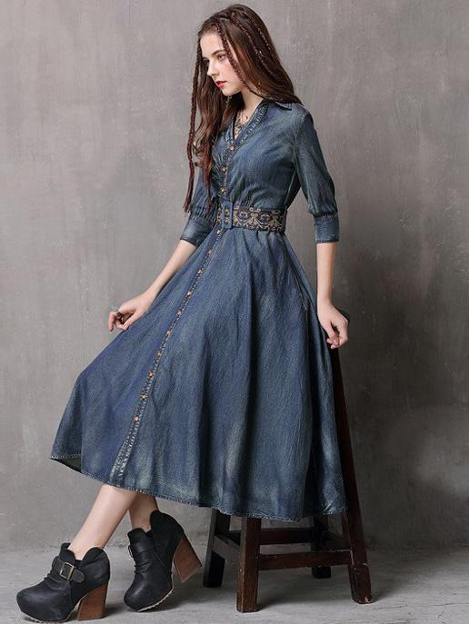 xakxx Vintage Embroidered Cropped Denim Dress