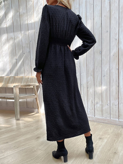 xakxx A-Line Long Sleeves Buttoned Elasticity Solid Color Split-Side V-Neck Midi Dresses