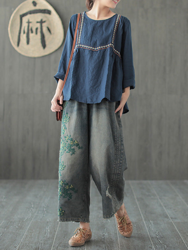 xakxx Original Embroidered Wide-Leg Column Jean Pants