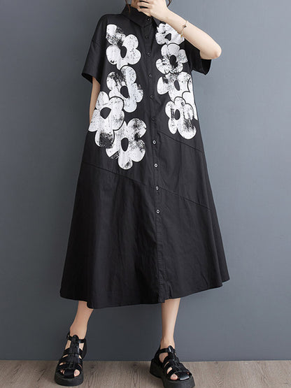 xakxx A-Line Loose Asymmetric Buttoned Flower Print Lapel Midi Dresses Shirt Dress