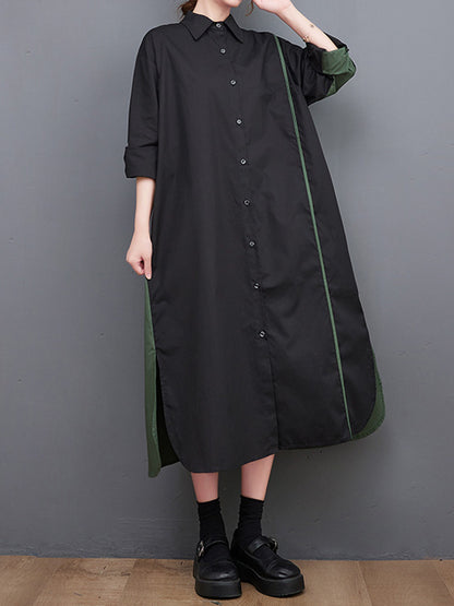 xakxx Long Sleeves Loose Asymmetric Buttoned Split-Joint Split-Side Lapel Midi Dresses Shirt Dress