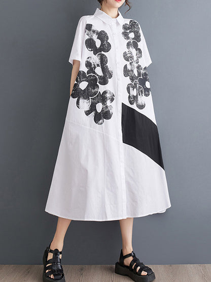 xakxx A-Line Loose Asymmetric Buttoned Flower Print Lapel Midi Dresses Shirt Dress