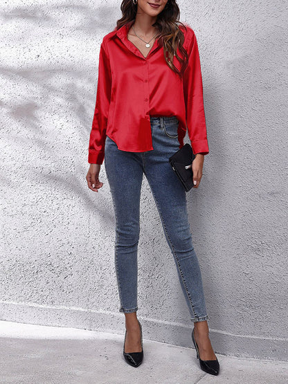 xakxx Long Sleeves Loose Solid Color Lapel Blouses&Shirts Tops