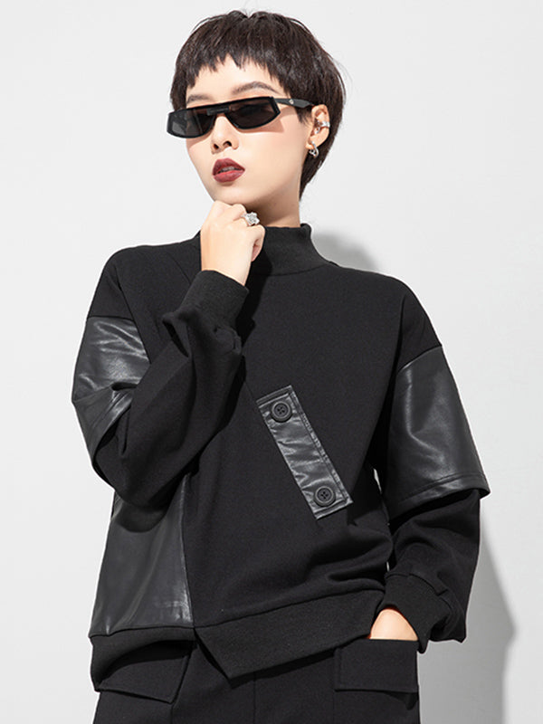 xakxx Thicken PU Split-Joint False-Two Asymmetric Sweatshirt