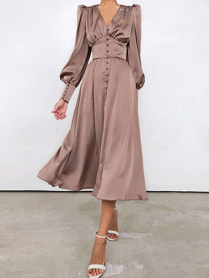 xakxx A-Line High Waisted Buttoned Pleated Solid Color V-Neck Midi Dresses