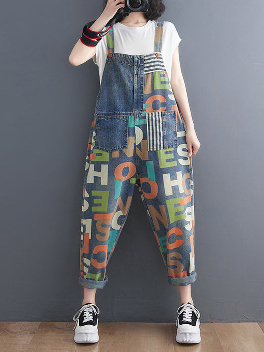 xakxx High Waisted Loose Asymmetric Buttoned Letter Print Pockets Split-Joint Striped Overalls