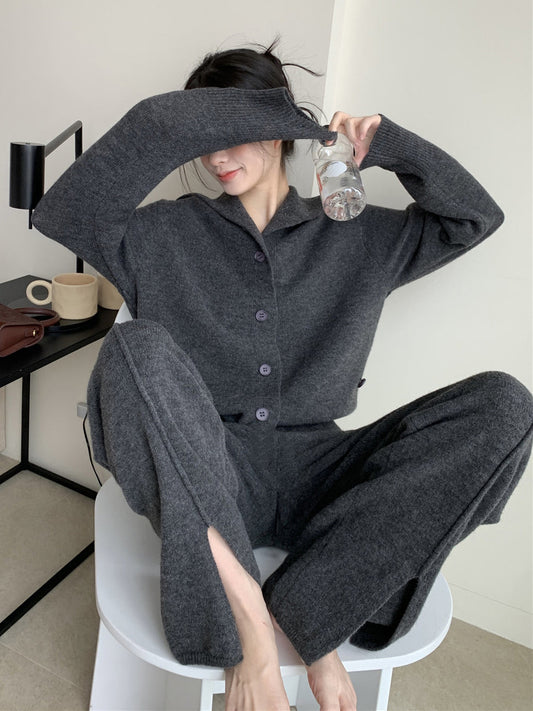 xakxx xakxx-Urban Loose  Solid Color Cardigan Tops & Wide Leg Split-Front Pants Suits