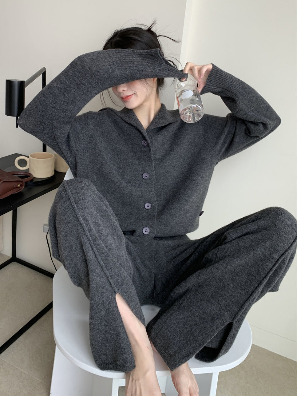 xakxx xakxx-Urban Loose  Solid Color Cardigan Tops & Wide Leg Split-Front Pants Suits