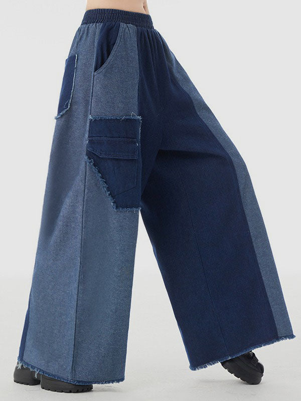 xakxx High Waisted Loose Contrast Color Elasticity Fringed Split-Joint Jean Pants Bottoms