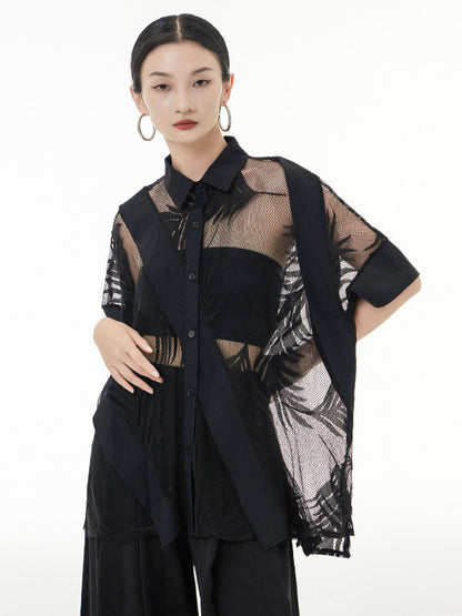 xakxx Stylish Loose Half Sleeves Buttoned Mesh Hollow See-Through Blouses&Shirts Tops