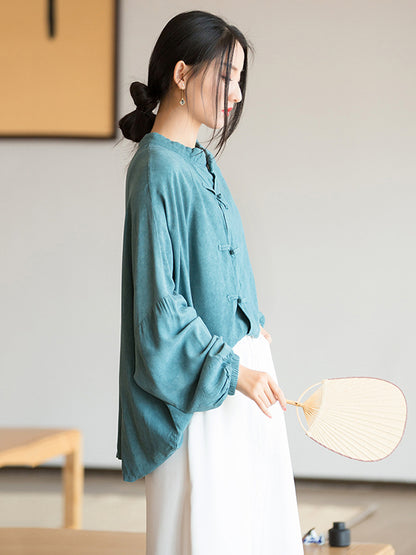 xakxx Artistic Retro Loose Long Sleeves Buttoned Solid Color Stand Collar Blouses&Shirts Tops