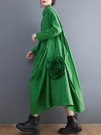 xakxx Urban Floral Applique Pleated Long Sleeves Shirt Dress Midi Dress