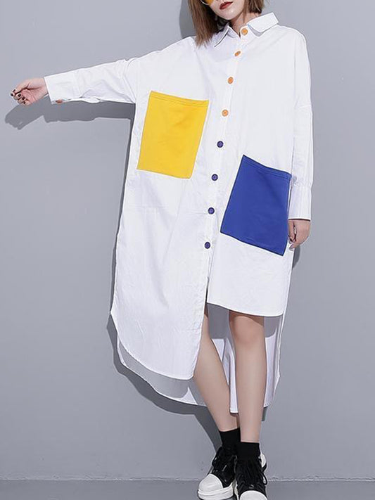 xakxx Long Sleeves Loose Asymmetric Buttoned Contrast Color Pockets Lapel Midi Dresses Shirt Dress