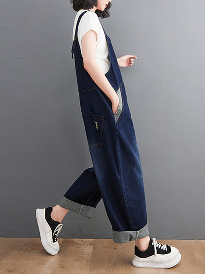 xakxx Casual Denim Contrast Color Split-Joint Overalls