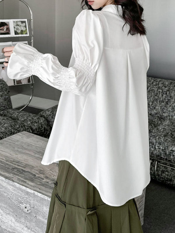 xakxx Puff Sleeves Pleated Solid Color Split-Joint Lapel Blouses