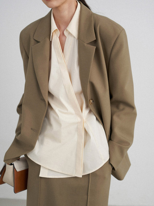 xakxx Loose Buttoned Solid Color Long Sleeves Lapel Blouses&Shirts Tops + Skirts Bottom + Notched Collar Blazer Outerwear Three Pieces Set