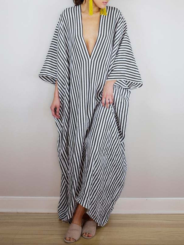 xakxx Batwing Sleeves Loose Striped V-Back Deep V-Neck Maxi Dresses