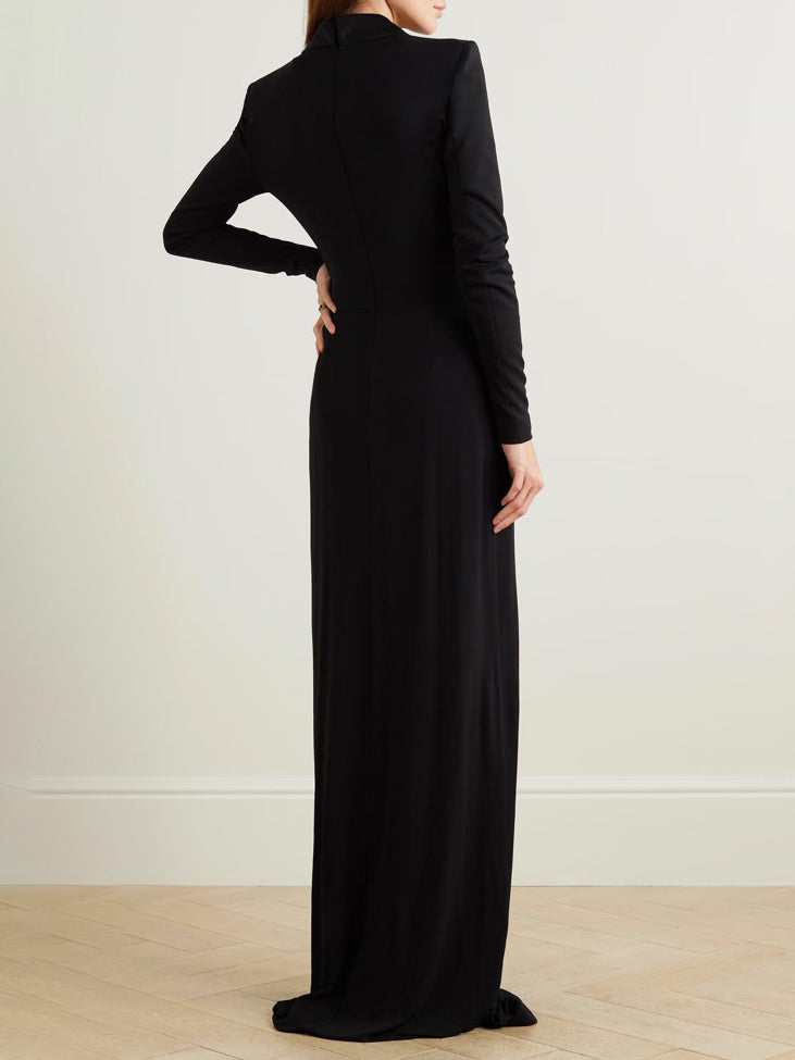 xakxx Long Sleeves Skinny Solid Color Deep V-Neck Maxi Dresses