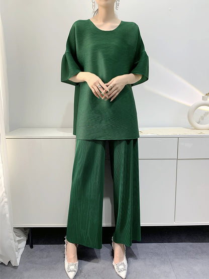 xakxx Elastics Pleated Solid Color Round-Neck T-Shirt + Wide Leg Pants Two Pieces Set