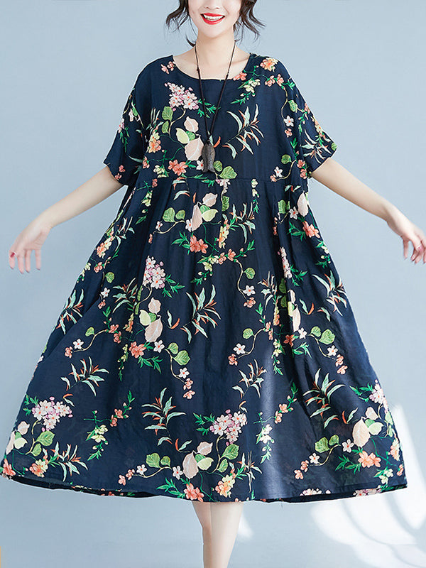 xakxx A-Line Loose Flower Print Round-Neck Midi Dresses