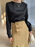 xakxx Casual Long Sleeves Loose Solid Color Round-Neck Blouses&Shirts Tops