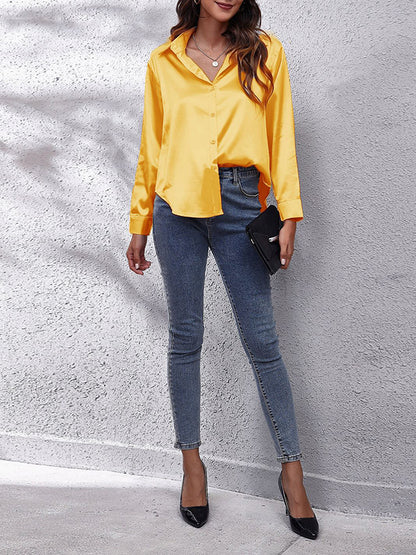 xakxx Long Sleeves Loose Solid Color Lapel Blouses&Shirts Tops