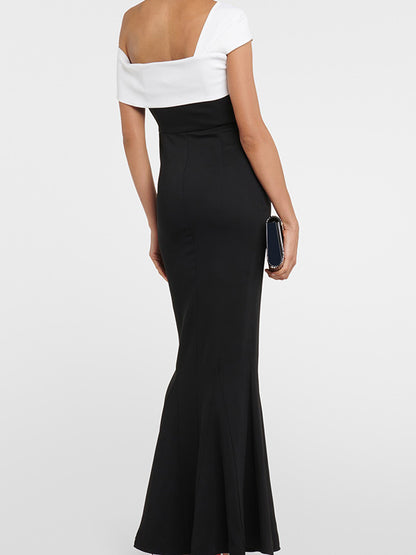 xakxx Short Sleeves Skinny Contrast Color Split-Joint One-Shoulder Evening Dresses Maxi Dresses