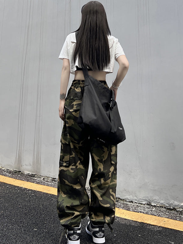 xakxx Hip-Hop Wide Leg Drawstring Camouflage  Pants