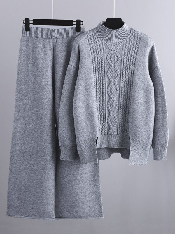 xakxx Urban Loose Split-Side Half Turtleneck Sweater Tops& Wide Leg Pants Two Pieces Set