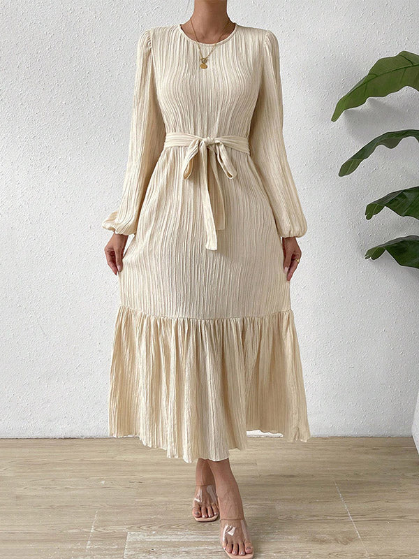 xakxx A-line Long Sleeves Elasticity Pleated Solid Color Split-Joint Tied Waist Round-neck Midi Dresses