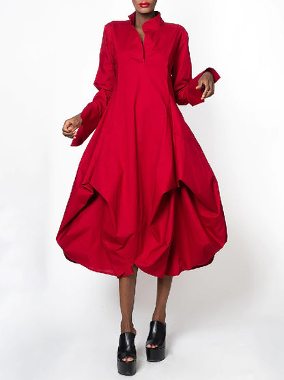 xakxx Stylish Loose Stand-Collar Long Sleeves Midi Dress